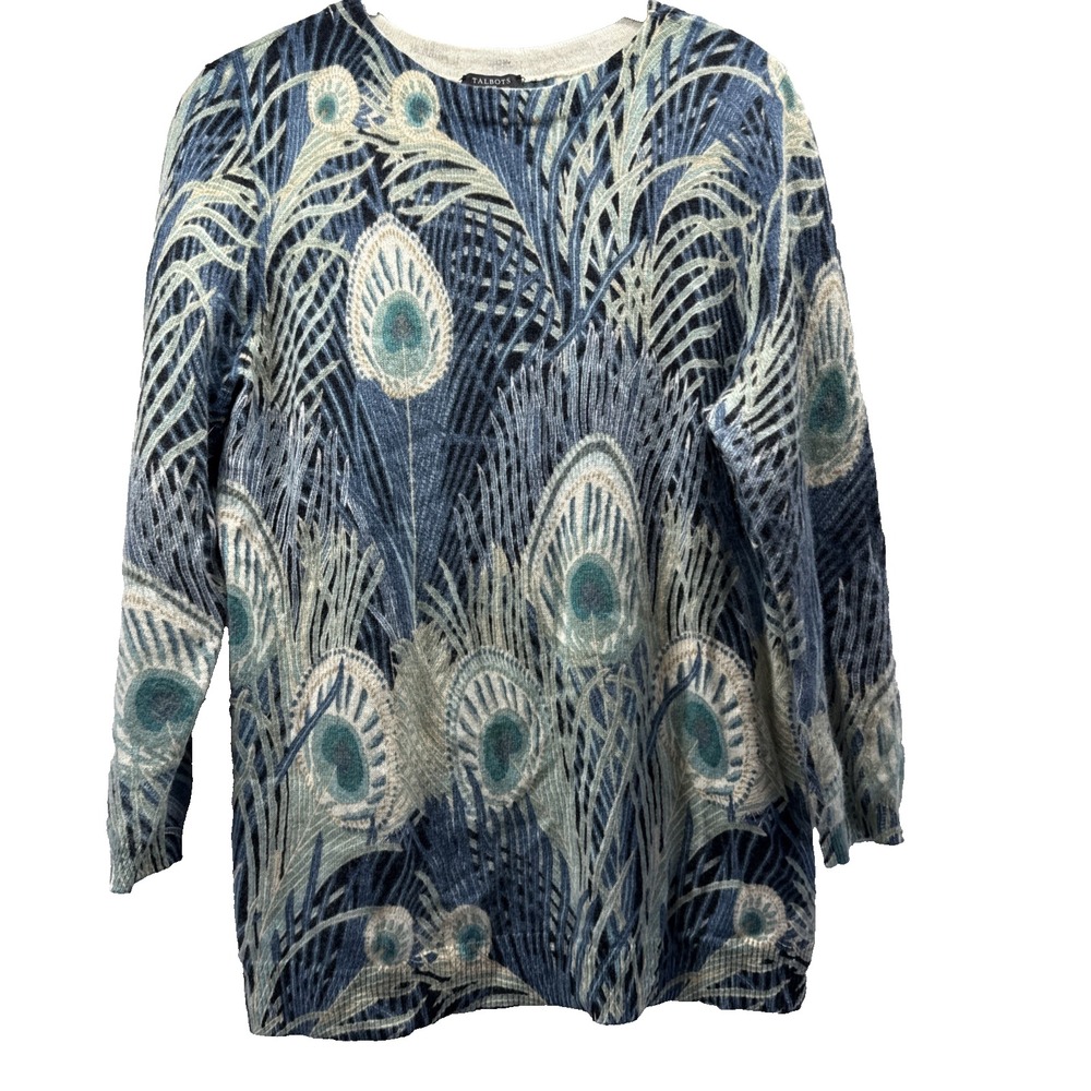 Talbots Women's Cashmere Sweater Large Petite PL Blue Green 3/4 Sleeves Peacock